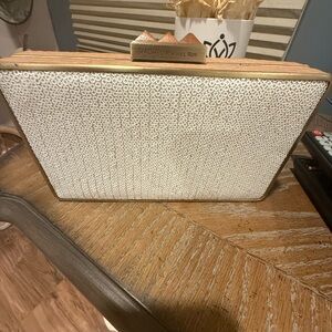 White sequin clutch w/brass hardware and wood accent
